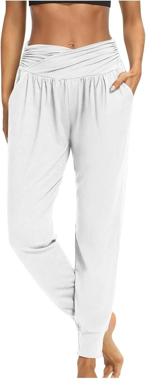 Ladies Harem Trousers Crossover Elastic High Waist Stretch Casual Yoga Pants Tapered Leg Lightweight Loungewear Sleep Pant