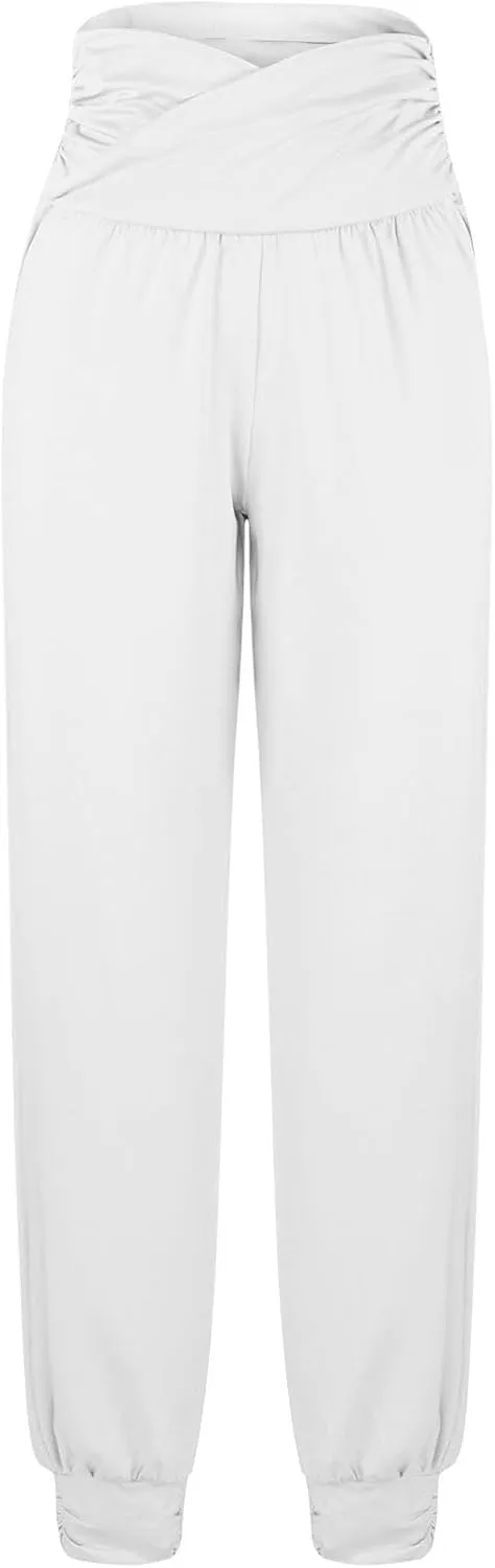 Ladies Harem Trousers Crossover Elastic High Waist Stretch Casual Yoga Pants Tapered Leg Lightweight Loungewear Sleep Pant
