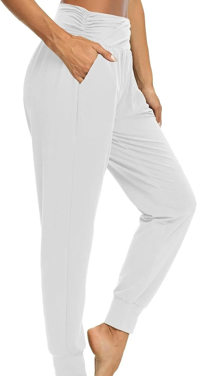 Ladies Harem Trousers Crossover Elastic High Waist Stretch Casual Yoga Pants Tapered Leg Lightweight Loungewear Sleep Pant