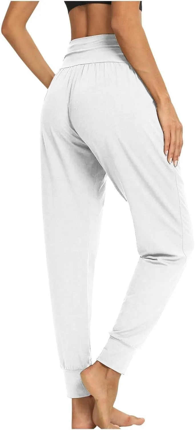Ladies Harem Trousers Crossover Elastic High Waist Stretch Casual Yoga Pants Tapered Leg Lightweight Loungewear Sleep Pant