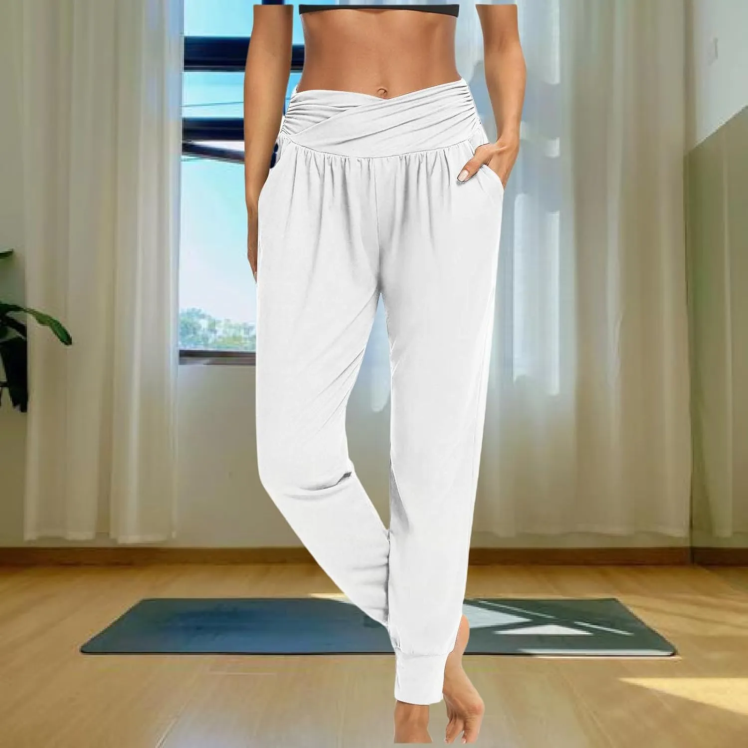 Ladies Harem Trousers Crossover Elastic High Waist Stretch Casual Yoga Pants Tapered Leg Lightweight Loungewear Sleep Pant
