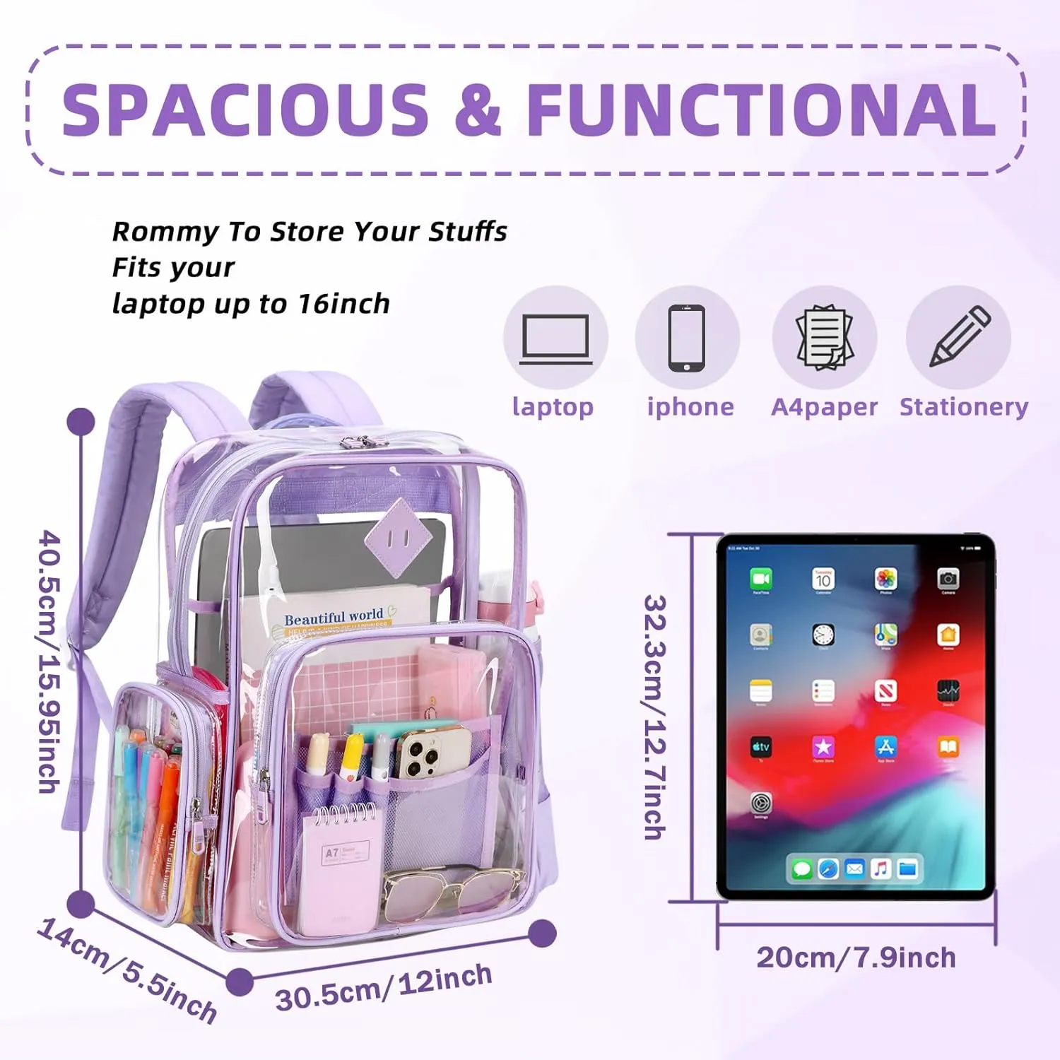 Large Clear Backpack for Girls, Heavy Duty PVC Transparent Bookbag for Women Stadium Events See Through Back Pack Fits 16 inch Laptop for School Work Travel, Purple