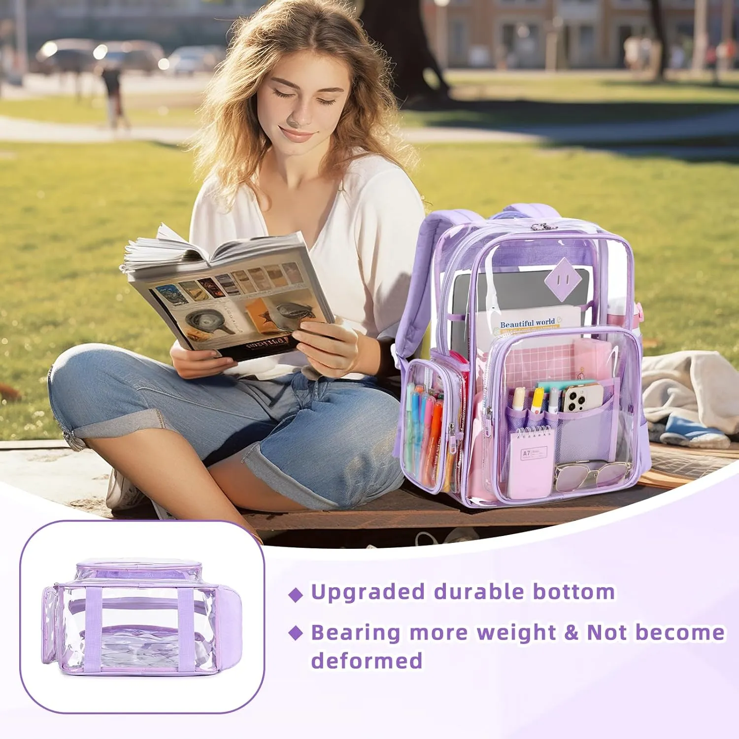 Large Clear Backpack for Girls, Heavy Duty PVC Transparent Bookbag for Women Stadium Events See Through Back Pack Fits 16 inch Laptop for School Work Travel, Purple