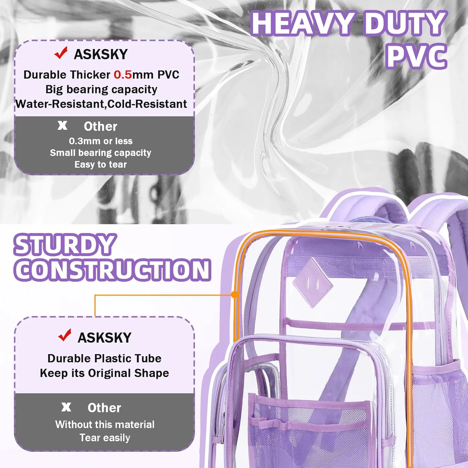 Large Clear Backpack for Girls, Heavy Duty PVC Transparent Bookbag for Women Stadium Events See Through Back Pack Fits 16 inch Laptop for School Work Travel, Purple