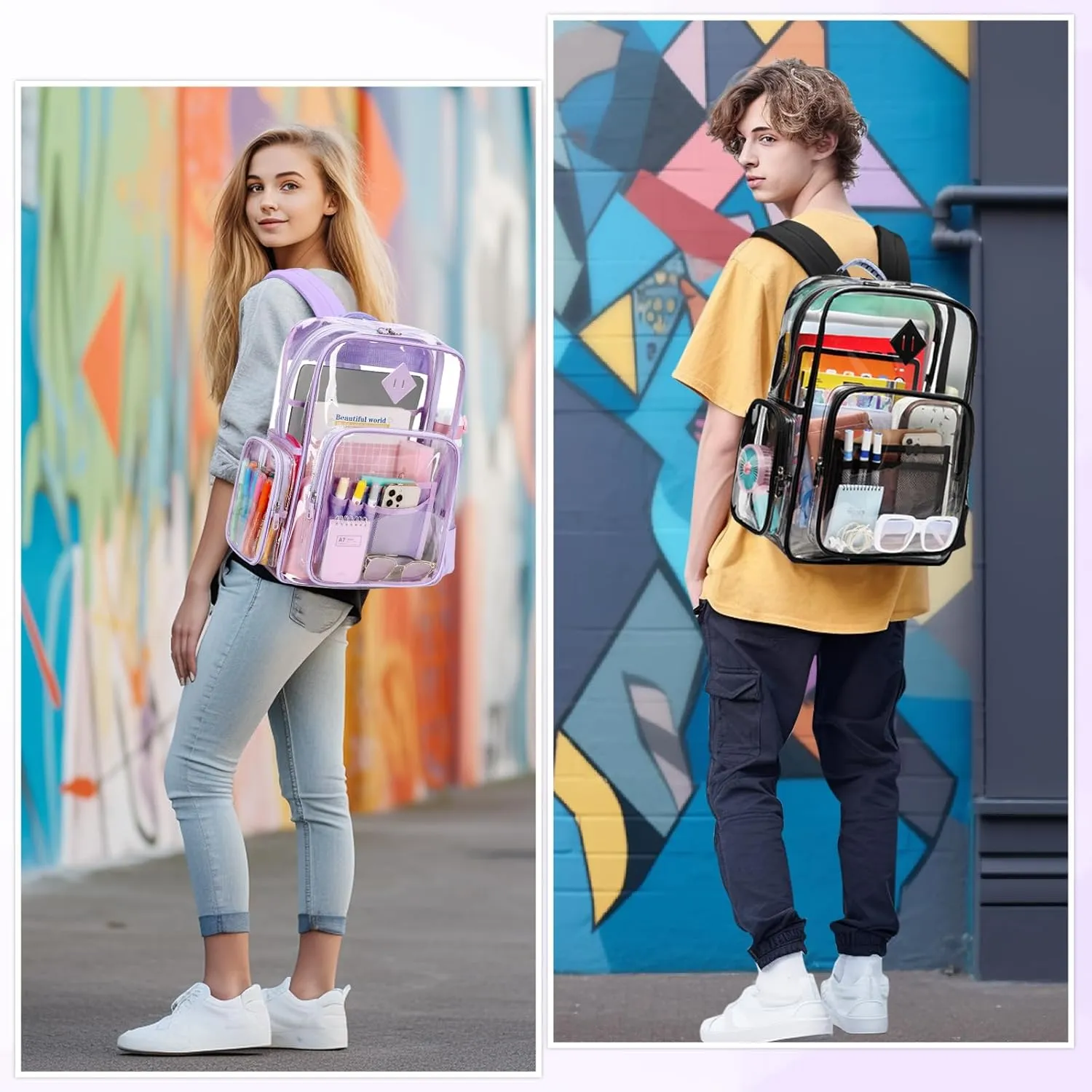 Large Clear Backpack for Girls, Heavy Duty PVC Transparent Bookbag for Women Stadium Events See Through Back Pack Fits 16 inch Laptop for School Work Travel, Purple