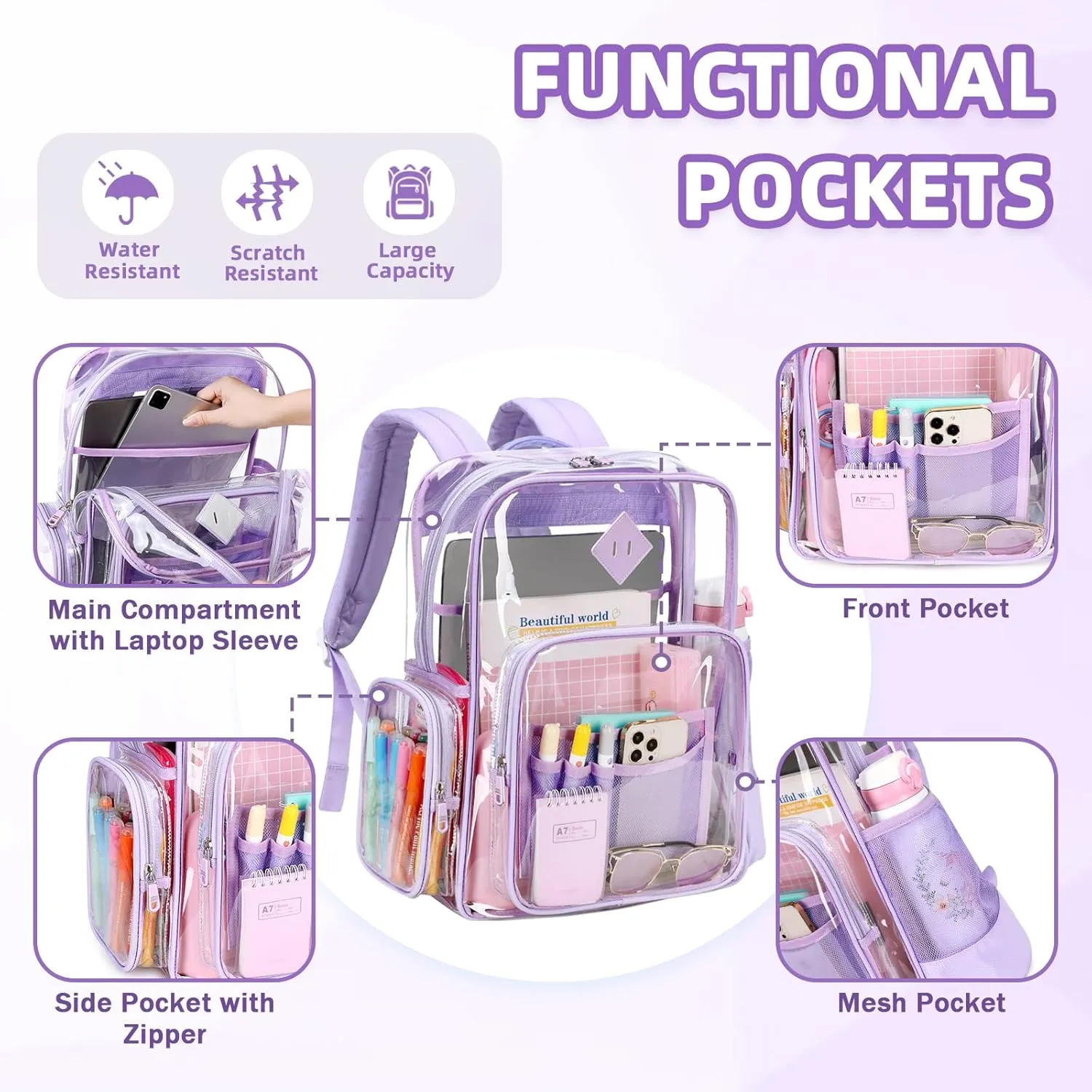 Large Clear Backpack for Girls, Heavy Duty PVC Transparent Bookbag for Women Stadium Events See Through Back Pack Fits 16 inch Laptop for School Work Travel, Purple
