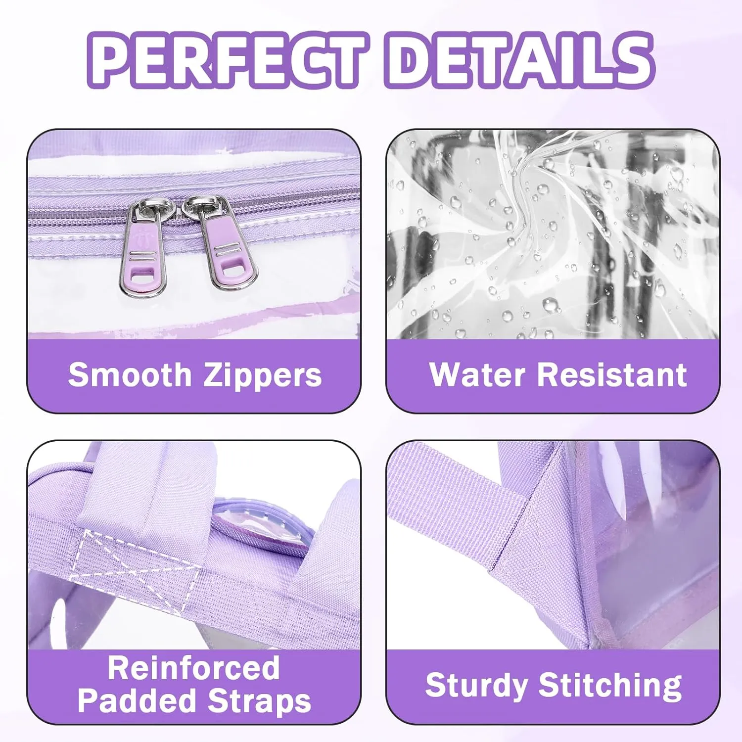 Large Clear Backpack for Girls, Heavy Duty PVC Transparent Bookbag for Women Stadium Events See Through Back Pack Fits 16 inch Laptop for School Work Travel, Purple