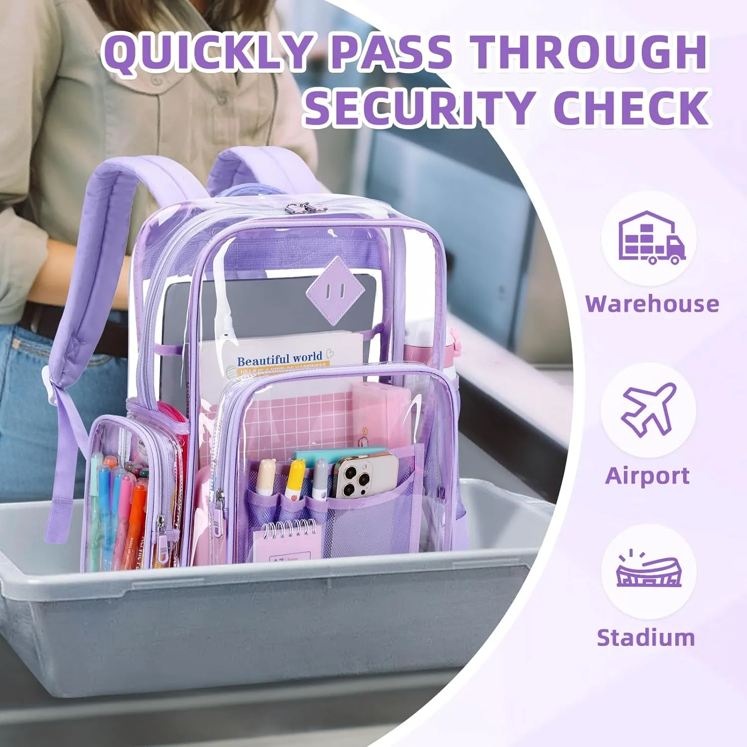 Large Clear Backpack for Girls, Heavy Duty PVC Transparent Bookbag for Women Stadium Events See Through Back Pack Fits 16 inch Laptop for School Work Travel, Purple