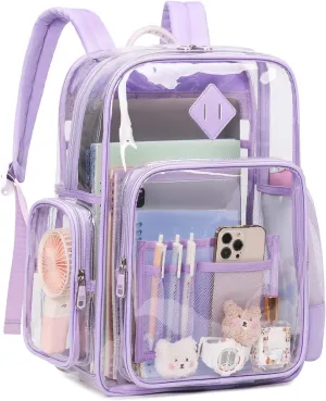Large Clear Backpack for Girls, Heavy Duty PVC Transparent Bookbag for Women Stadium Events See Through Back Pack Fits 16 inch Laptop for School Work Travel, Purple