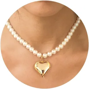Large Gold Heart Necklaces For Women Chunky Gold Chain Necklace And Pearl Chokers