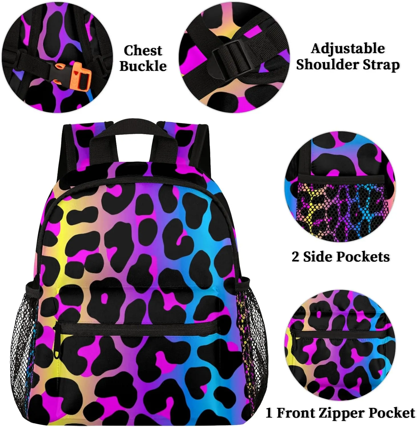 Leopard Rainbow Toddler Backpack for Little Girls Preschool Kindergarten Small Cheetah Backpack Lightweight Bookbag Waterproof Mini Travel PreSchool Student Bookbags