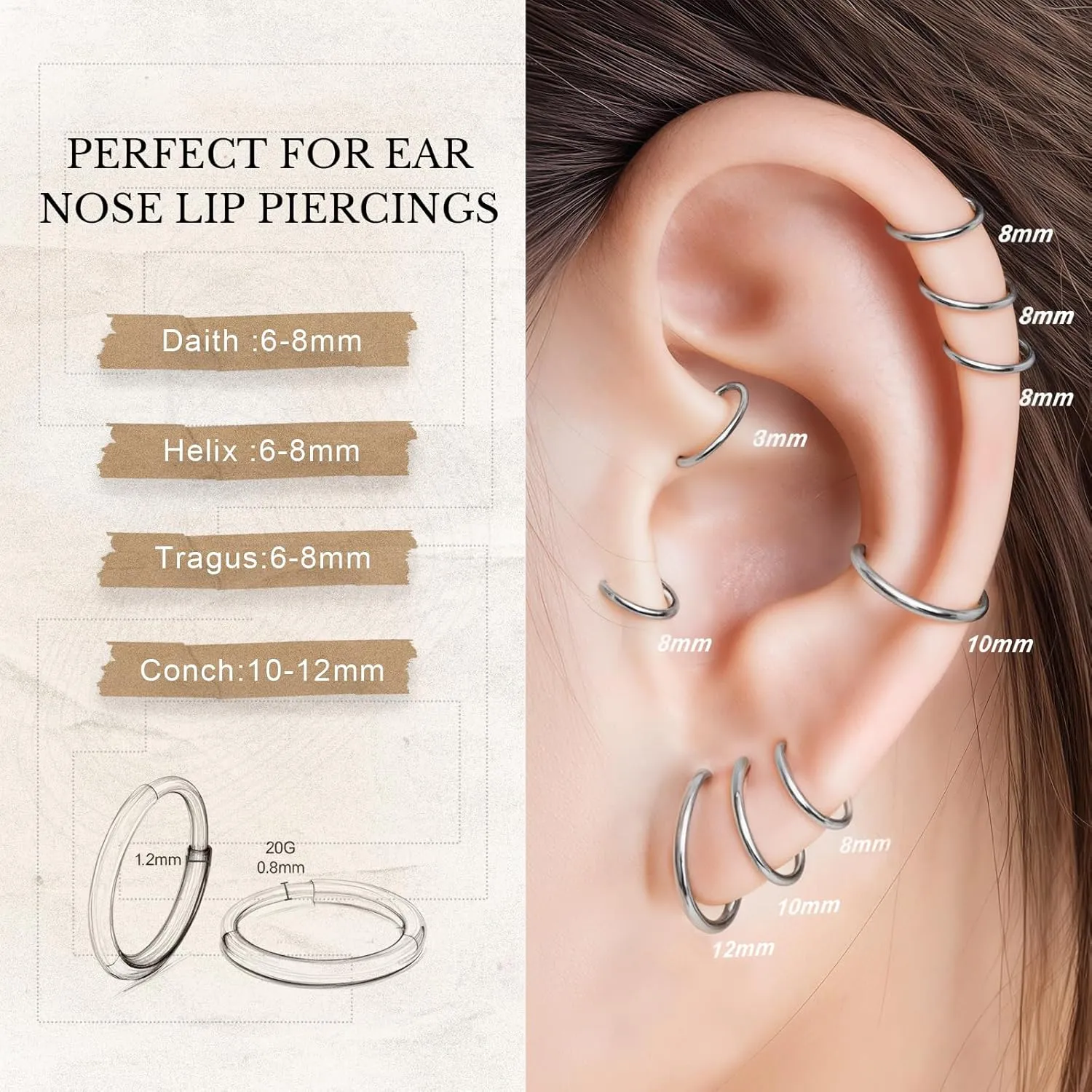 limerencia Small Hoop Earrings for Women, Hypoallergenic Titanium Huggie Hoop Earrings Set G23 Piercings Cartilage Earrings Set for Women Sensitive Ears (No stones Silver, 6mm)