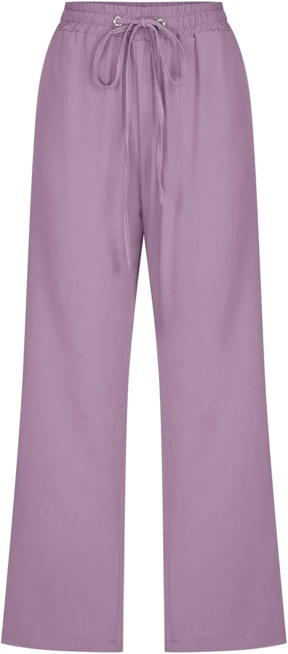 Linen Capri Pants for Women Casual Summer Drawstring Capris Cotton Wide Leg Elastic Waist Cropped Pants with Pockets
