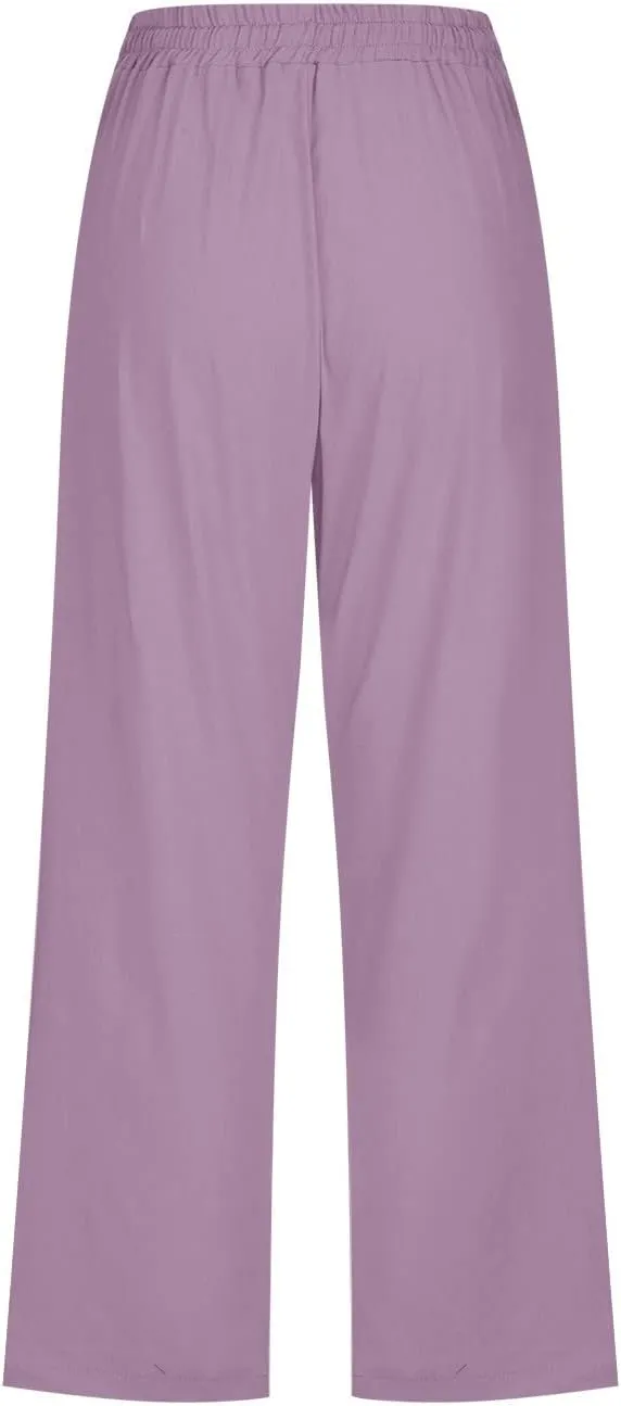Linen Capri Pants for Women Casual Summer Drawstring Capris Cotton Wide Leg Elastic Waist Cropped Pants with Pockets