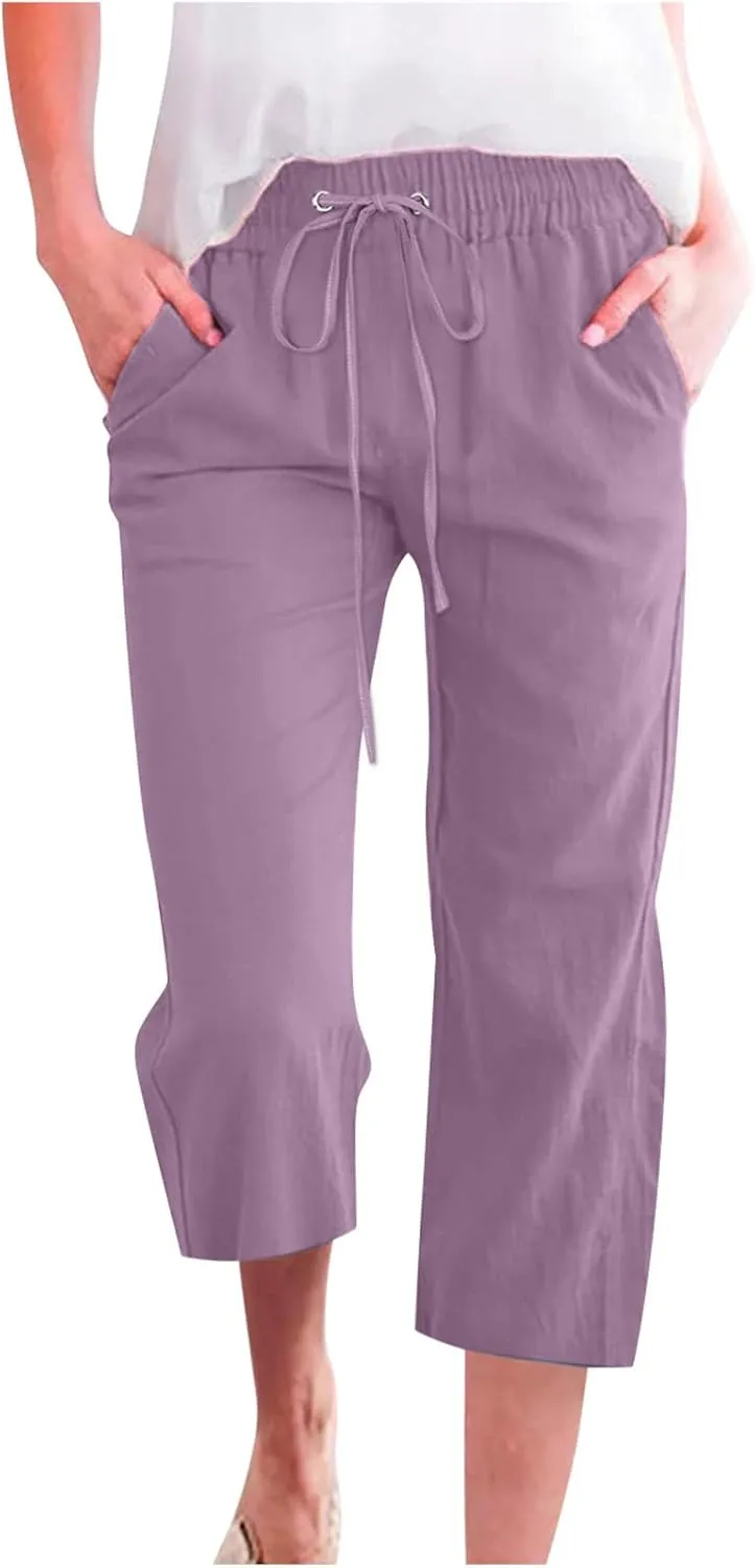 Linen Capri Pants for Women Casual Summer Drawstring Capris Cotton Wide Leg Elastic Waist Cropped Pants with Pockets