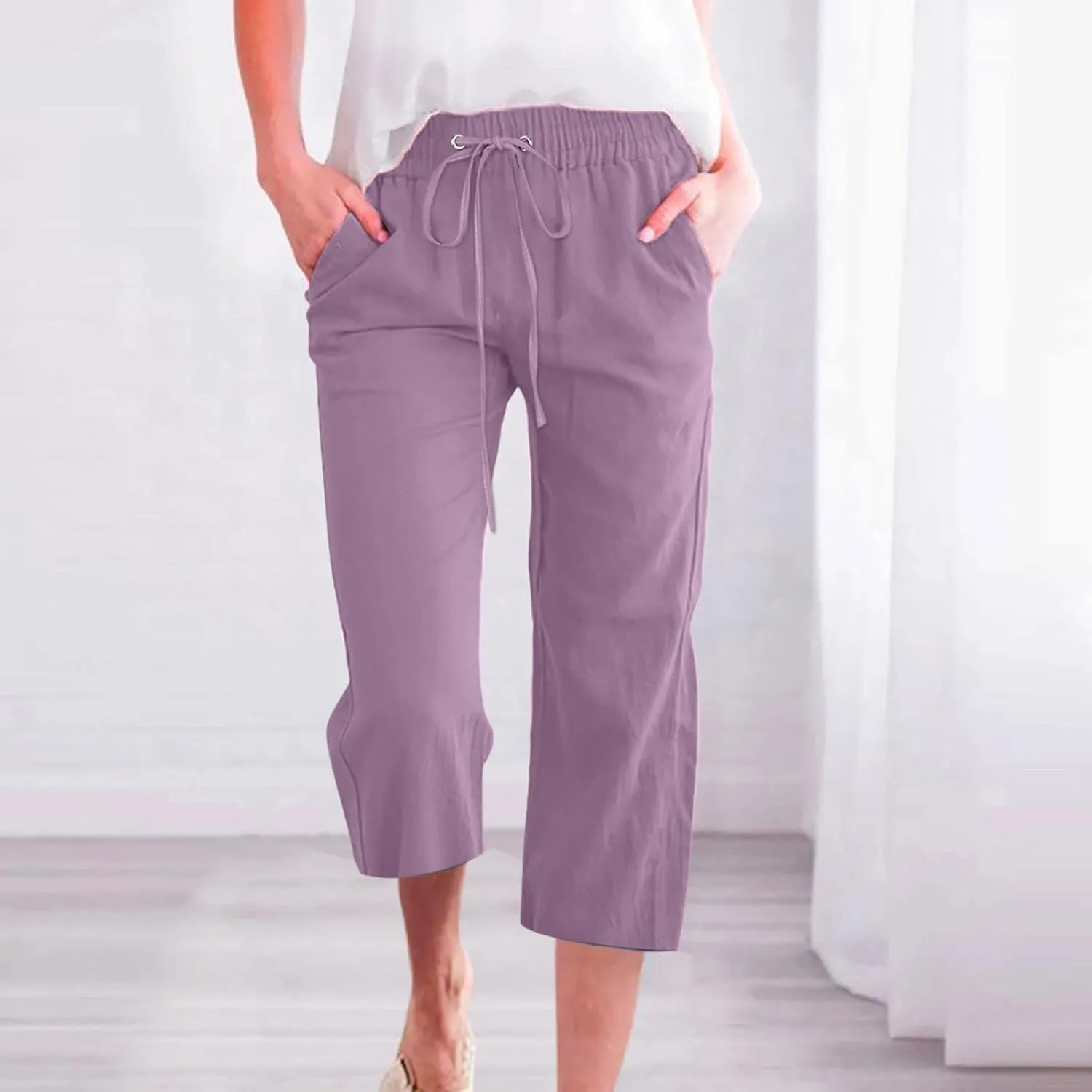 Linen Capri Pants for Women Casual Summer Drawstring Capris Cotton Wide Leg Elastic Waist Cropped Pants with Pockets
