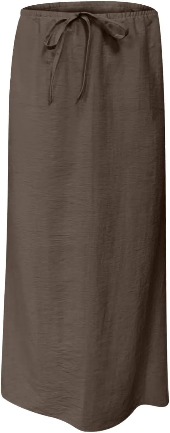 Linen Maxi Skirts for Women Comfy Drawstring Waist A Line Dresses Long Flowy Boho Vacation Skirts 2025 Summer
