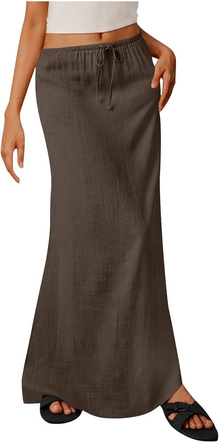 Linen Maxi Skirts for Women Comfy Drawstring Waist A Line Dresses Long Flowy Boho Vacation Skirts 2025 Summer