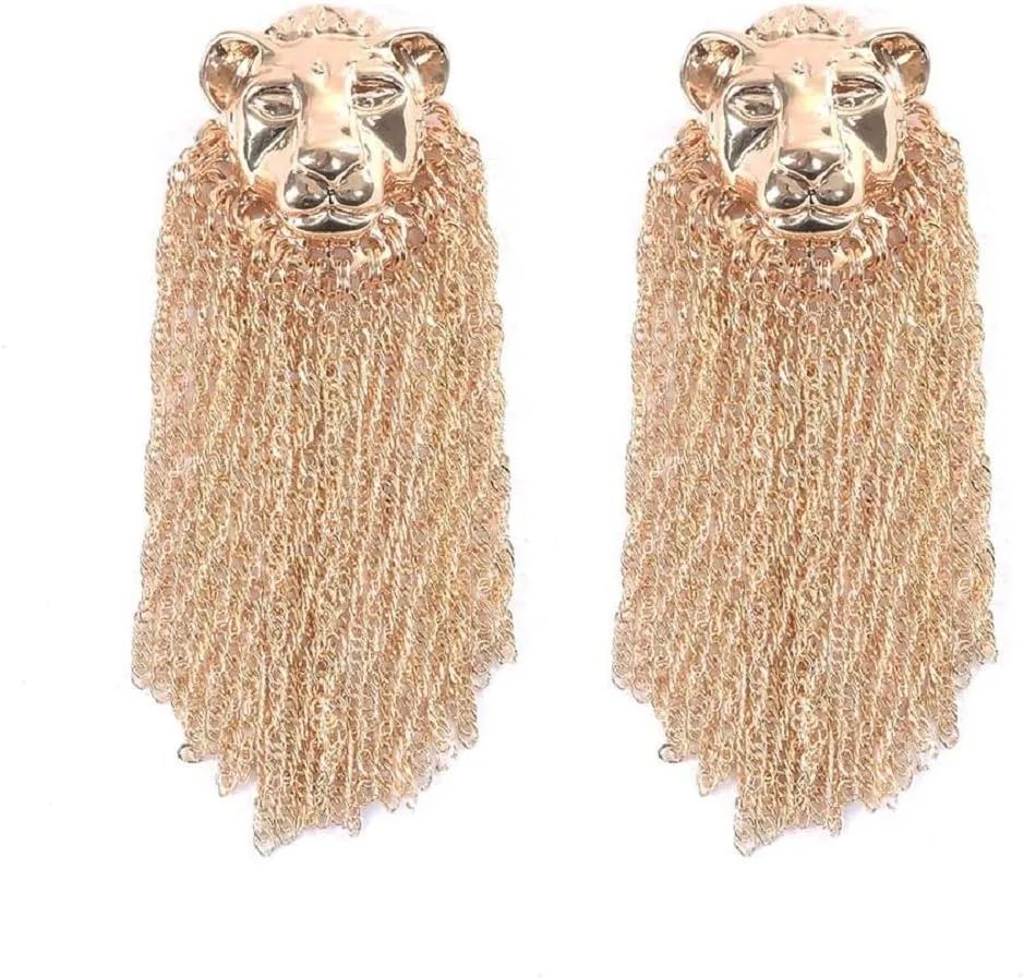 Lion Earrings for Women, Cute Animal Lion Tassel Earrings for Girls, Gold Mane Lion Dangle Earrings Hypoallergenic, Bohemian Lion Drop Earrings, Golden Lion Head Earrings Studs, Lion Jewelry Gifts Funny Earrings