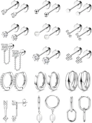 LOLIAS Flat Back Earrings for Women Hypoallergenic Surgical Steel Earrings for Sensitive Ears-20G Cartilage Earring Stacks Gold Hoops Flatback Stud Earring Sets for Multiple Piercing