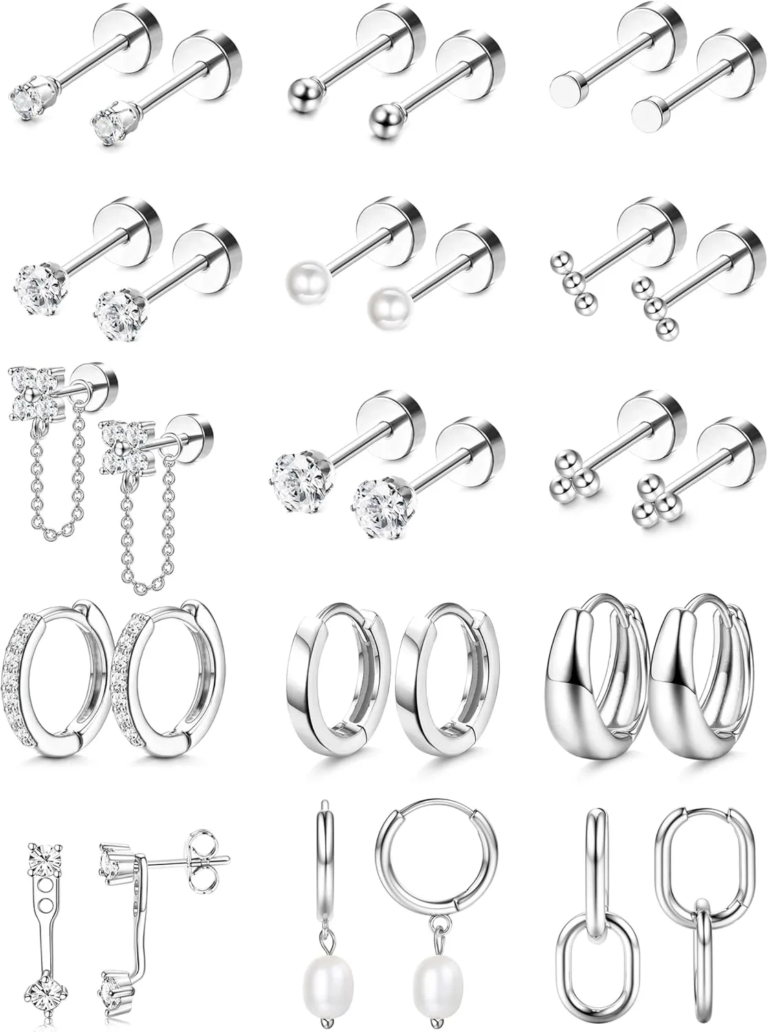LOLIAS Flat Back Earrings for Women Hypoallergenic Surgical Steel Earrings for Sensitive Ears-20G Cartilage Earring Stacks Gold Hoops Flatback Stud Earring Sets for Multiple Piercing