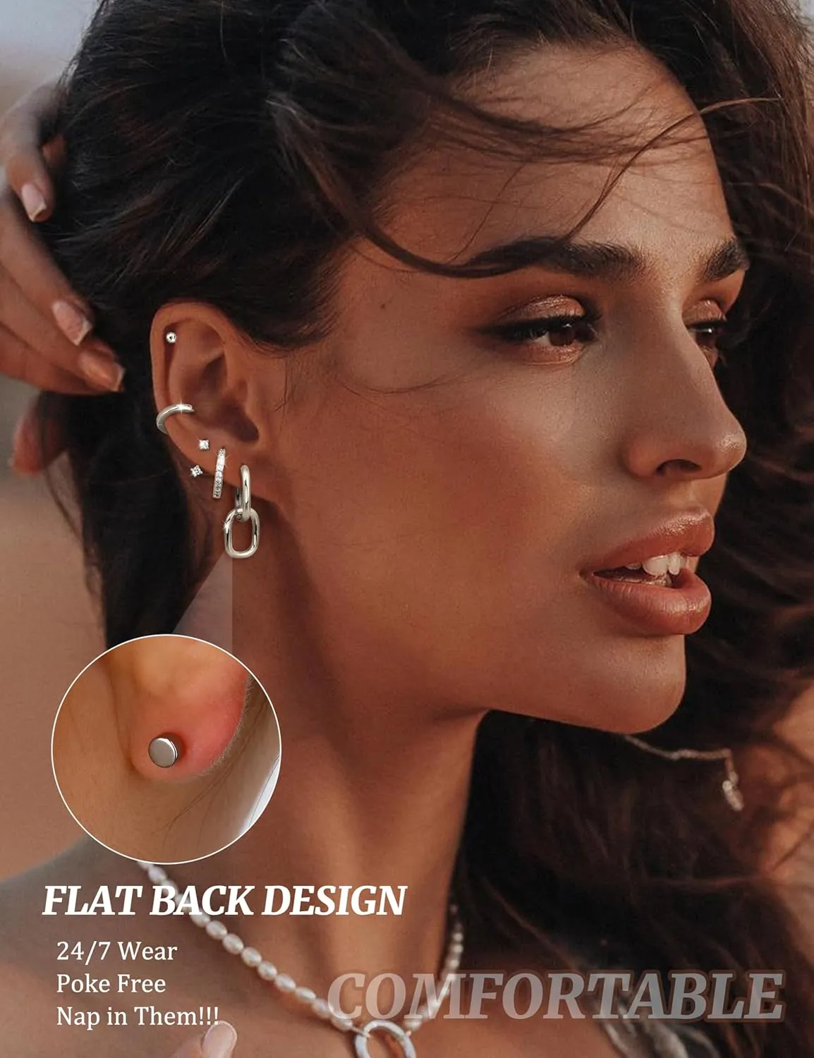 LOLIAS Flat Back Earrings for Women Hypoallergenic Surgical Steel Earrings for Sensitive Ears-20G Cartilage Earring Stacks Gold Hoops Flatback Stud Earring Sets for Multiple Piercing