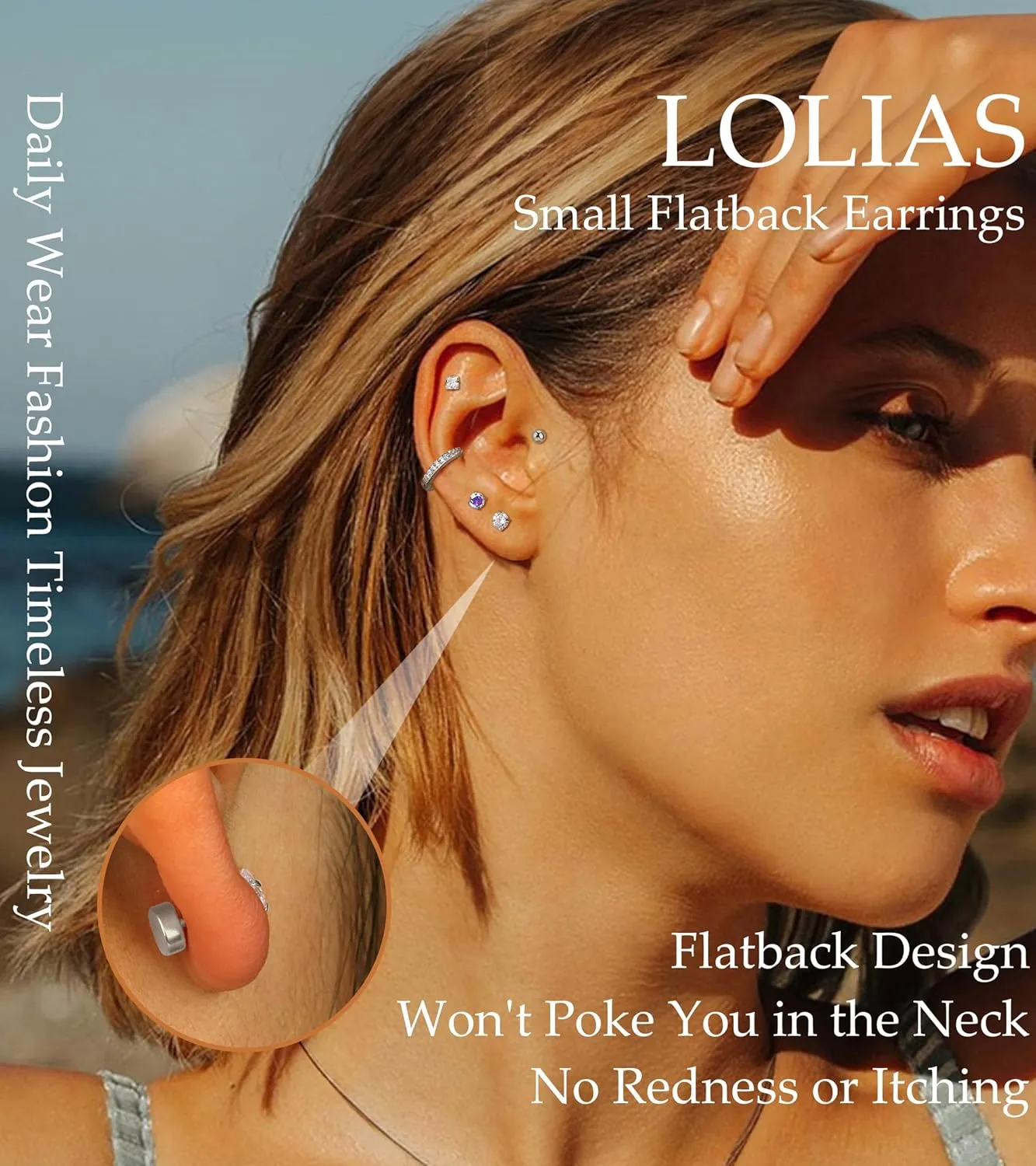 LOLIAS Hypoallergenic Flat Back Earrings for Women-Surgical Steel Earrings for Sensitive Ears 20G Stainless Steel Earring Stacks Small Flatback Stud Hoop Cartilage Earring