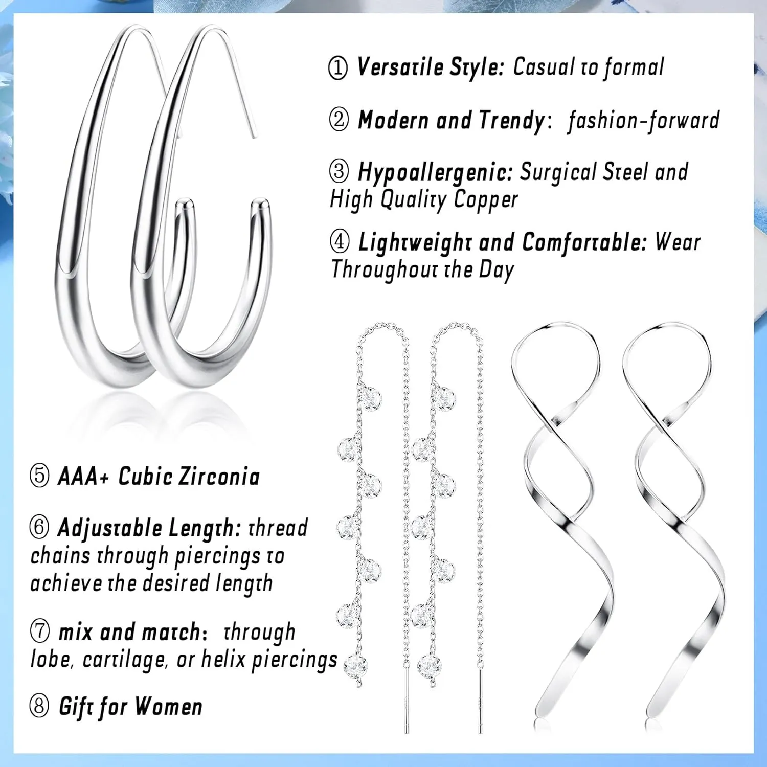 LOLIAS Threader Earrings for Women Gold Silver Plated Dangle Thread Earrings Dainty Spiral Twisted Wave Ball Tassel Chain Earrings Long Surgical Steel Pull Through Earrings for Women Lightweight
