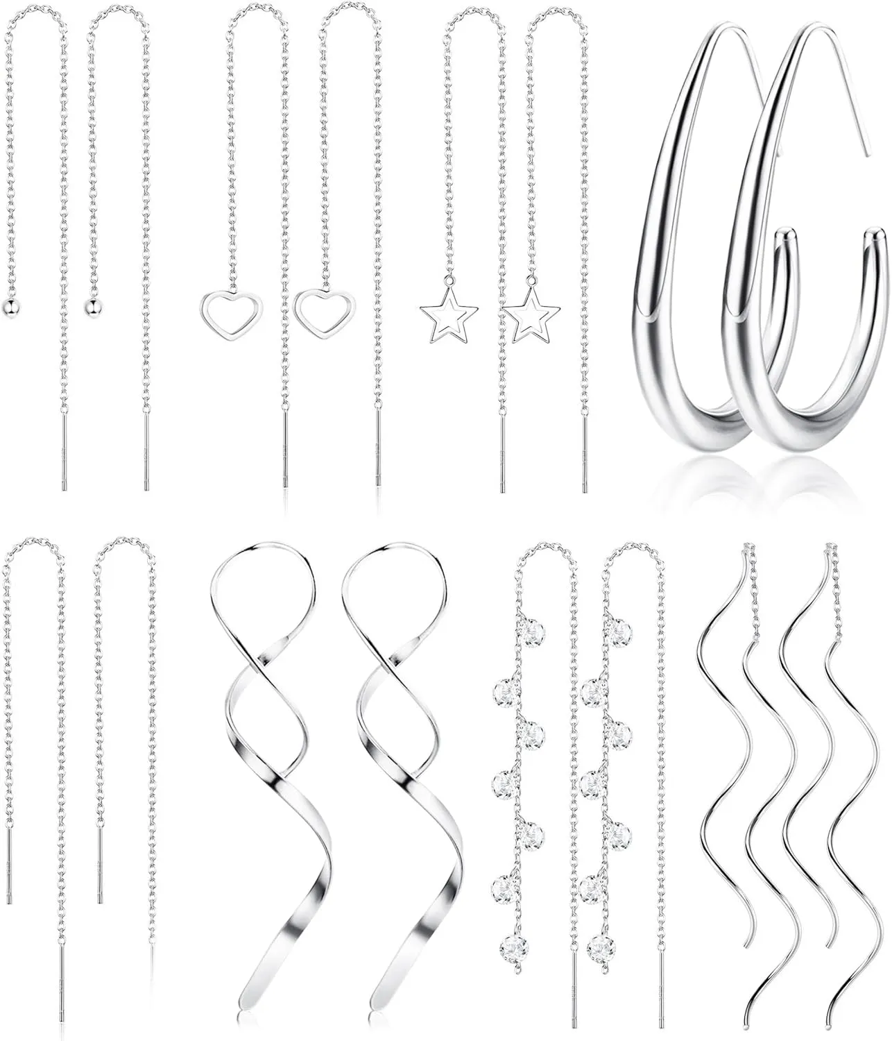 LOLIAS Threader Earrings for Women Gold Silver Plated Dangle Thread Earrings Dainty Spiral Twisted Wave Ball Tassel Chain Earrings Long Surgical Steel Pull Through Earrings for Women Lightweight