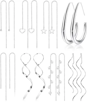 LOLIAS Threader Earrings for Women Gold Silver Plated Dangle Thread Earrings Dainty Spiral Twisted Wave Ball Tassel Chain Earrings Long Surgical Steel Pull Through Earrings for Women Lightweight