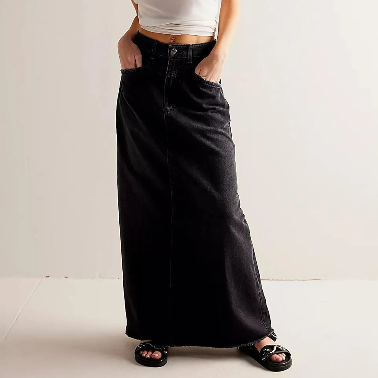 Long Denim Skirts for Women with Pockets Casual High Waisted Stretch Pencil Maxi Jean Skirt