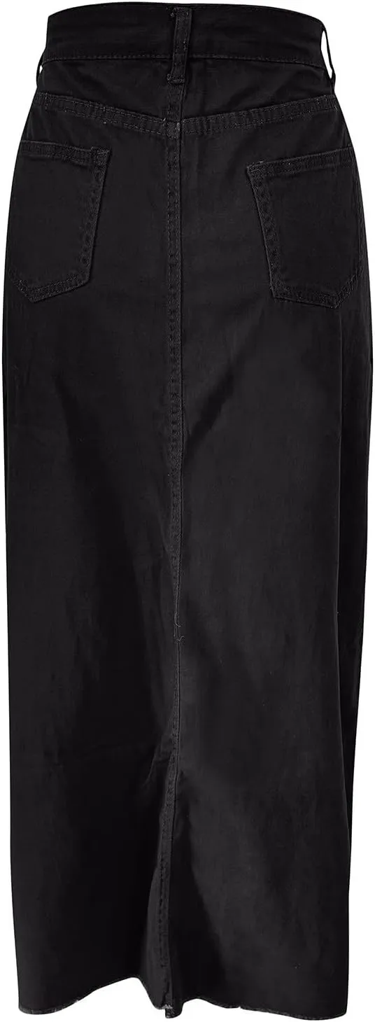Long Denim Skirts for Women with Pockets Casual High Waisted Stretch Pencil Maxi Jean Skirt