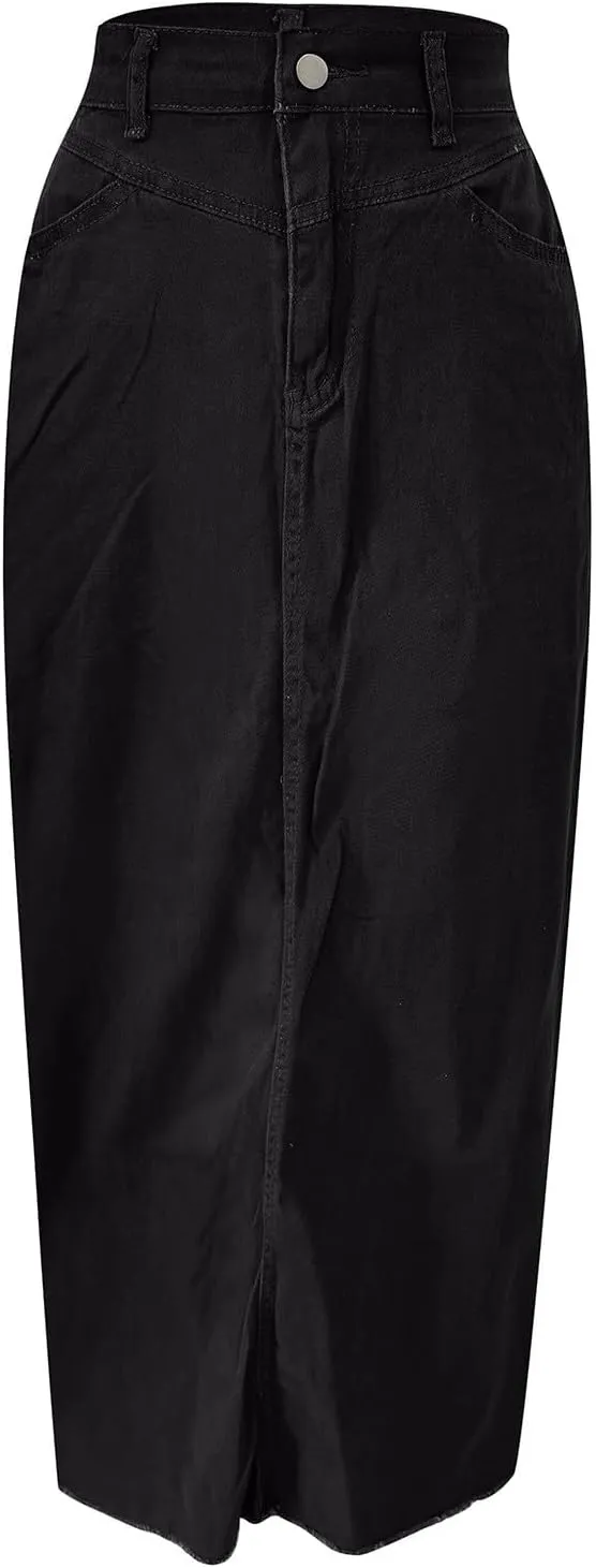 Long Denim Skirts for Women with Pockets Casual High Waisted Stretch Pencil Maxi Jean Skirt