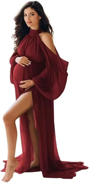 Long Sleeve Maternity Dress for Photoshoot Cold Shoulder Chiffon Wedding Pregnancy Gown for Baby Shower