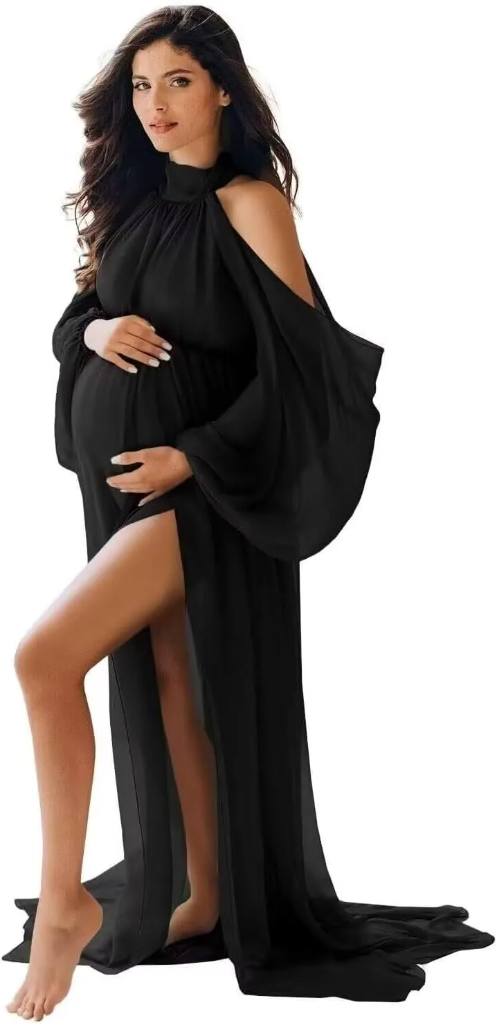 Long Sleeve Maternity Dress for Photoshoot Cold Shoulder Chiffon Wedding Pregnancy Gown for Baby Shower