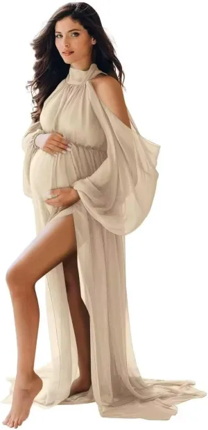 Long Sleeve Maternity Dress for Photoshoot Cold Shoulder Chiffon Wedding Pregnancy Gown for Baby Shower