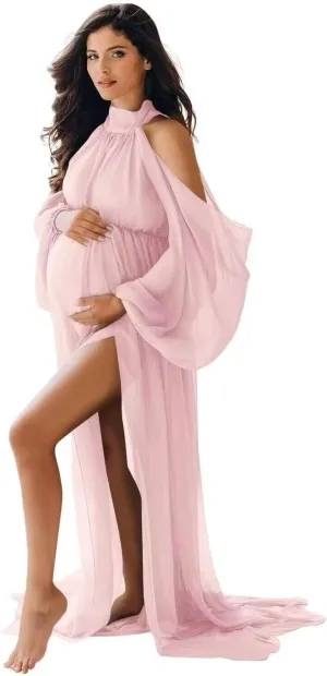 Long Sleeve Maternity Dress for Photoshoot Cold Shoulder Chiffon Wedding Pregnancy Gown for Baby Shower