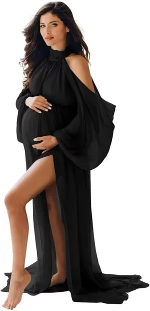 Long Sleeve Maternity Dress for Photoshoot Cold Shoulder Chiffon Wedding Pregnancy Gown for Baby Shower