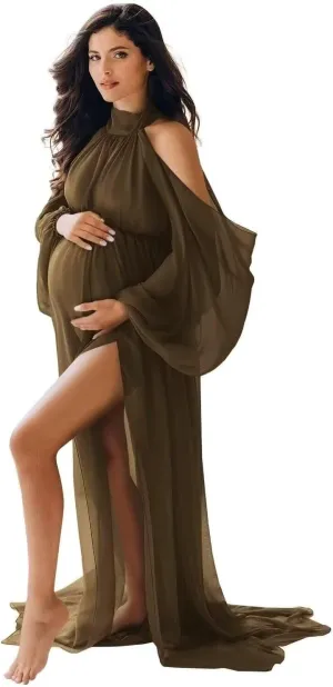 Long Sleeve Maternity Dress for Photoshoot Cold Shoulder Chiffon Wedding Pregnancy Gown for Baby Shower