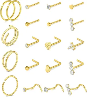 Longita 20g Nose Rings Hoop L Shape Nose Studs Stainless Steel Nose Screw Bone Flat Top Diamond Opal Heart High Nostril Piercing Jewelry Silver Rose Gold Black Pack for Women Men