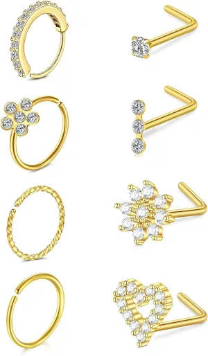 Longita 20g Nose Rings Hoop L Shape Nose Studs Stainless Steel Nose Screw Bone Flat Top Diamond Opal Heart High Nostril Piercing Jewelry Silver Rose Gold Black Pack for Women Men