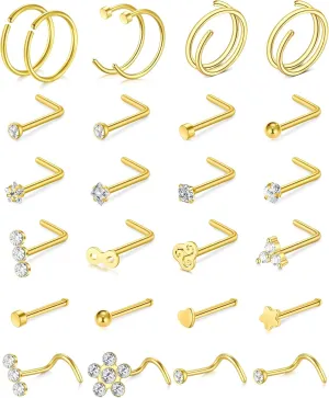 Longita 20g Nose Rings Hoop L Shape Nose Studs Stainless Steel Nose Screw Bone Flat Top Diamond Opal Heart High Nostril Piercing Jewelry Silver Rose Gold Black Pack for Women Men