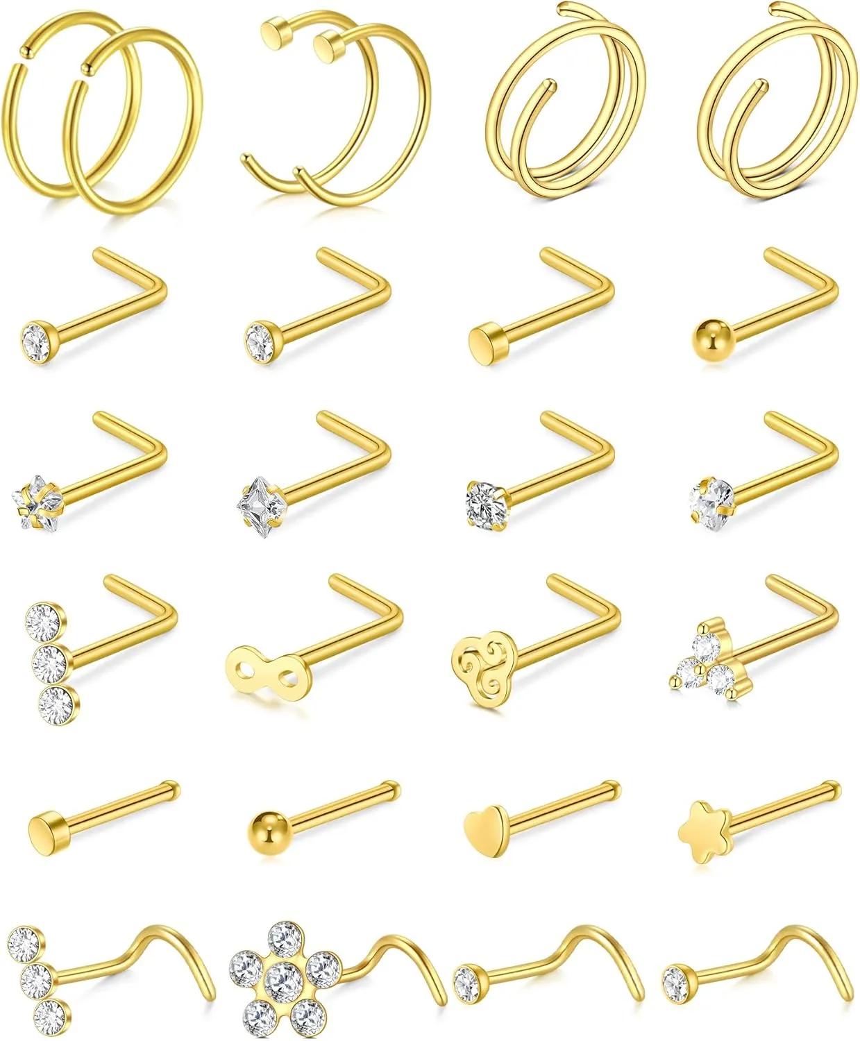 Longita 20g Nose Rings Hoop L Shape Nose Studs Stainless Steel Nose Screw Bone Flat Top Diamond Opal Heart High Nostril Piercing Jewelry Silver Rose Gold Black Pack for Women Men