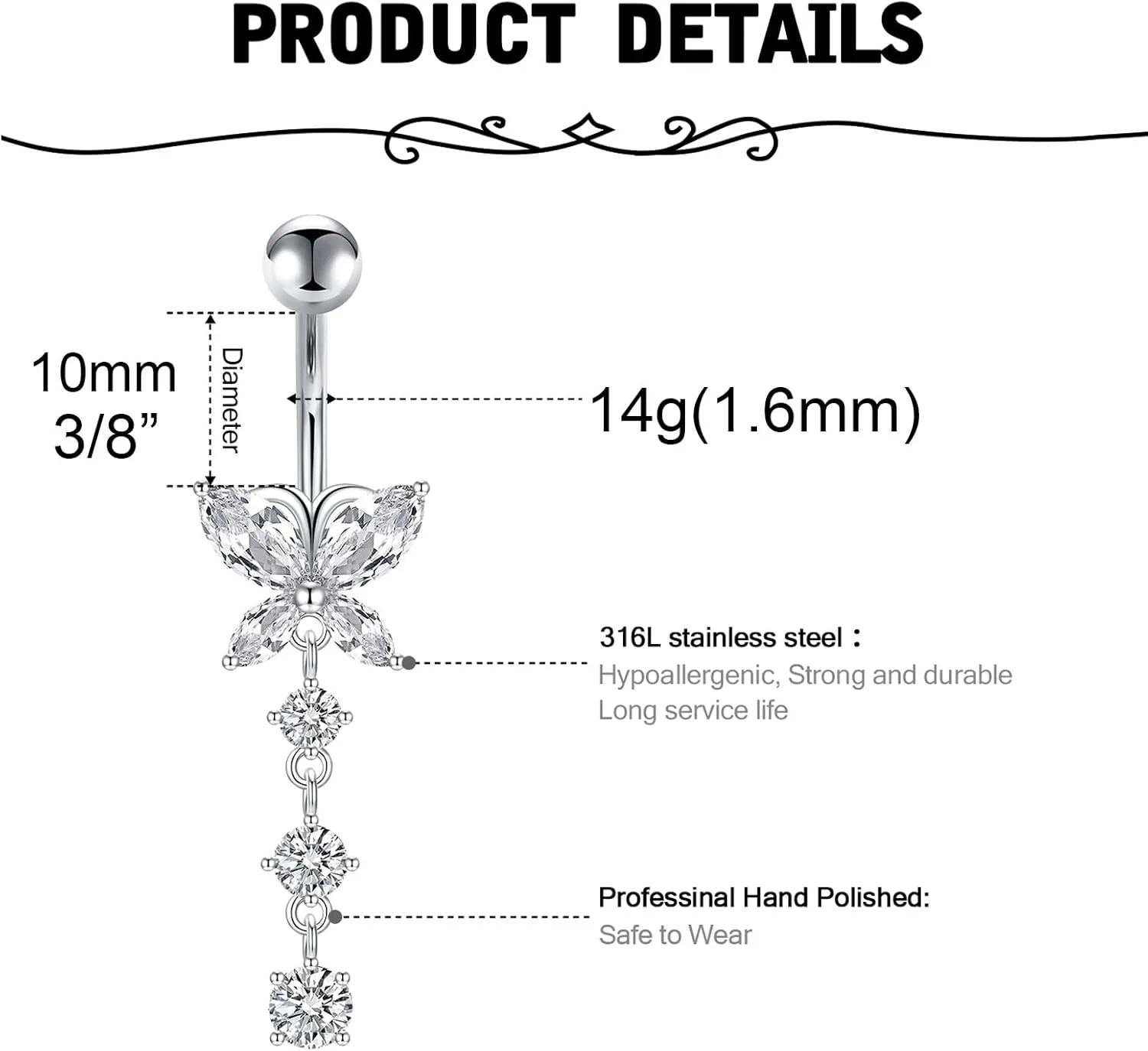 Longita Belly Ring - Surgical Steel & Gold Clicker, Hypoallergenic Navel Ring for Women