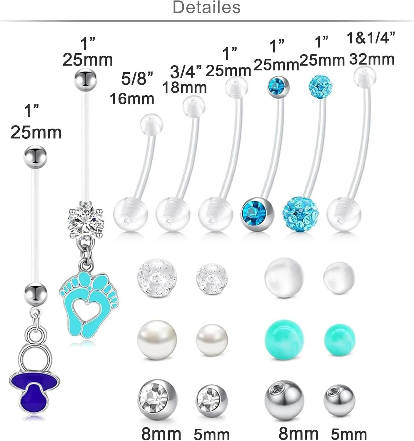 Longita Plastic Pregnancy Belly Button Rings Long Bar Navel Rings for Maternity Sport Pregnant Women Flexible Clear Belly Piercing Retainer Different Length bar and Balls for Replacement 10-32mm