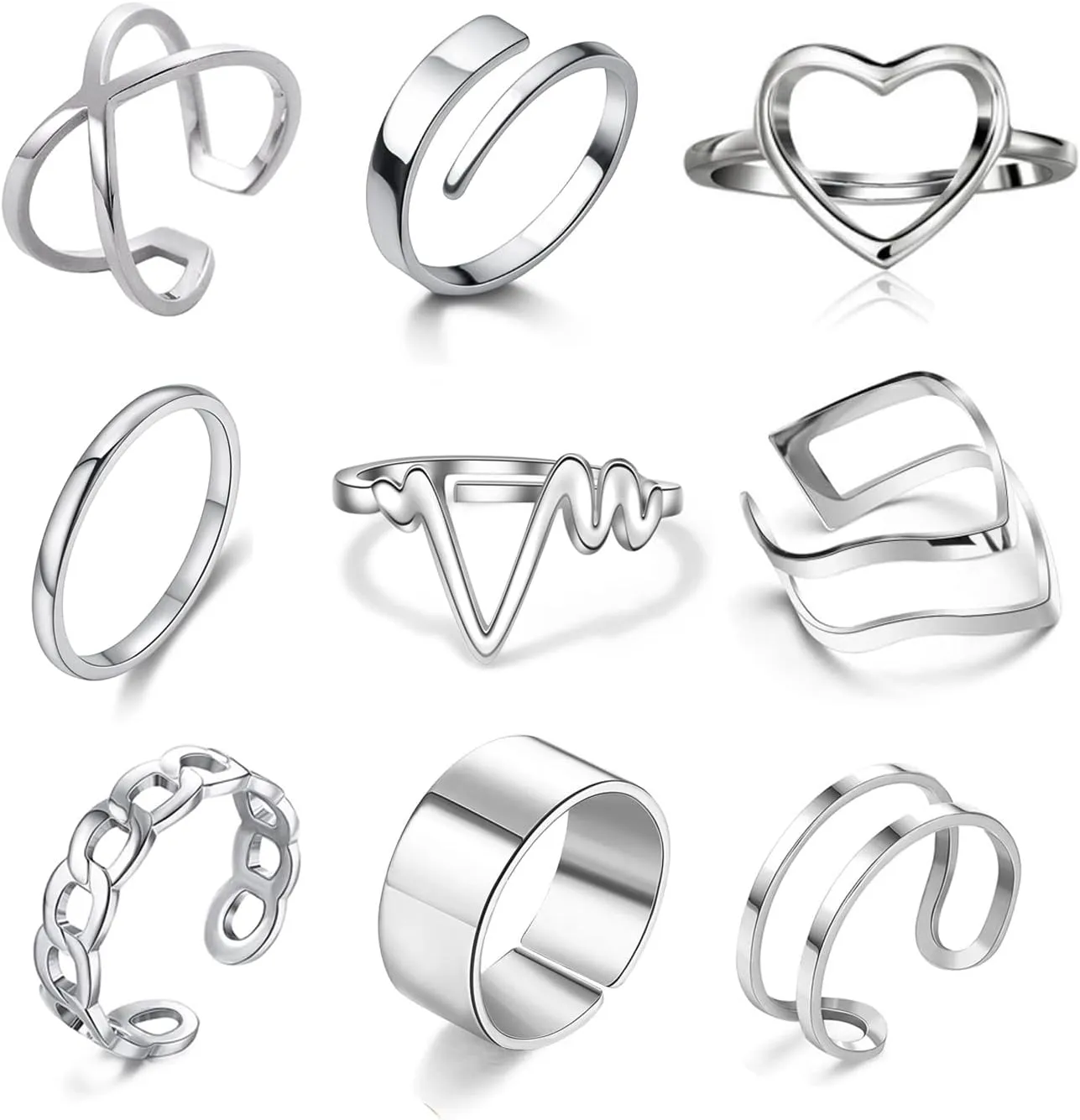 Loqimu 8 Pack Stainless Steel Rings Set for Women Silver Aesthetic Jewelry Rings Adjustable Stackable Rings for Teen Girls Trendy Knuckle Thumb Finger Rings Size 8 9 7 10 Indie rings
