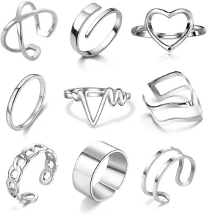 Loqimu 8 Pack Stainless Steel Rings Set for Women Silver Aesthetic Jewelry Rings Adjustable Stackable Rings for Teen Girls Trendy Knuckle Thumb Finger Rings Size 8 9 7 10 Indie rings