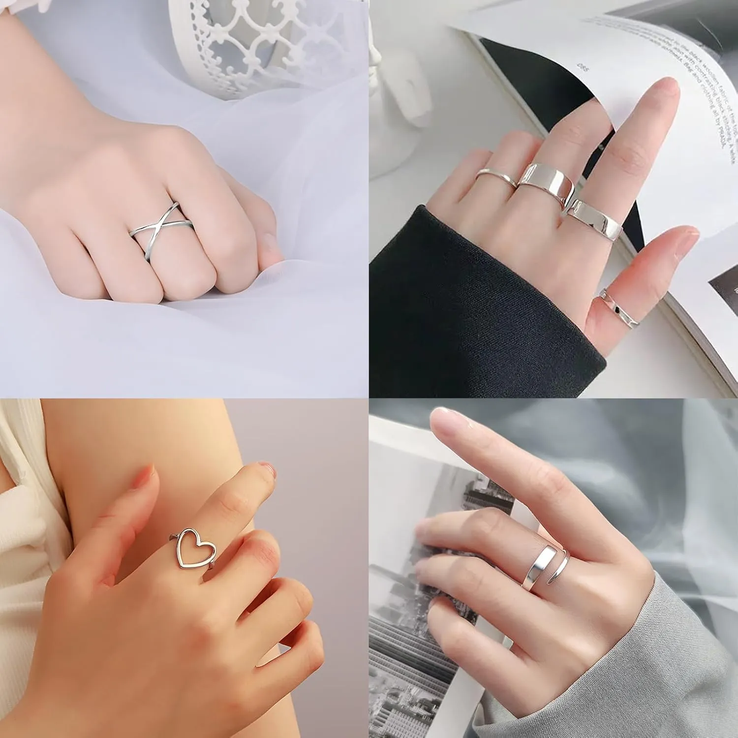 Loqimu 8 Pack Stainless Steel Rings Set for Women Silver Aesthetic Jewelry Rings Adjustable Stackable Rings for Teen Girls Trendy Knuckle Thumb Finger Rings Size 8 9 7 10 Indie rings