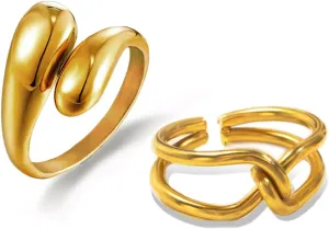 Loqimu Chunky Statement Rings: Stainless Steel Gold Stackable, Adjustable Rings for Women - Fashion Crossover, Knot Twist Set in Pink