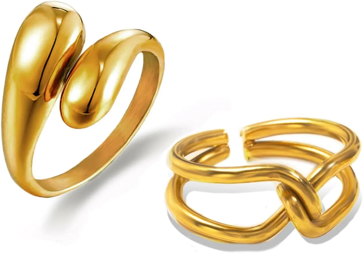 Loqimu Chunky Statement Rings: Stainless Steel Gold Stackable, Adjustable Rings for Women - Fashion Crossover, Knot Twist Set in Pink